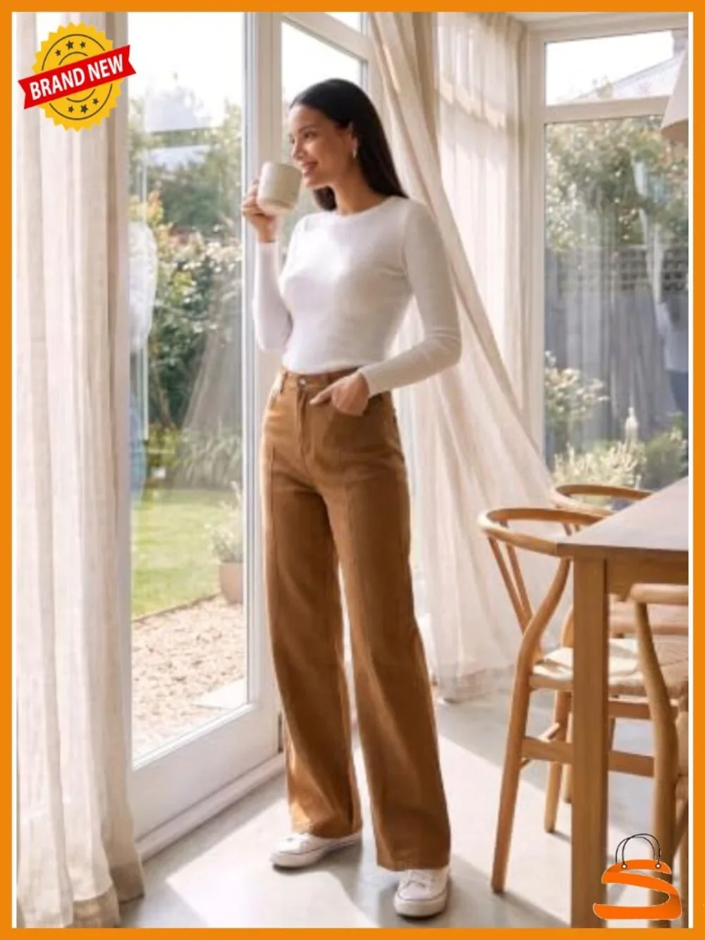 High Waisted Wide Leg Stretchy Denim Pants with Front Seam and Pockets